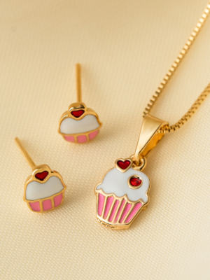 Conjunto Brinco e Colar Cupcake Rosa