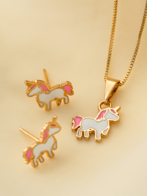Conjunto Brinco e Colar Unicórnio Rosa