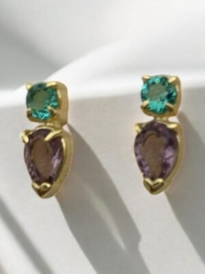 Brinco Gota Turmalina Verde e Roxo Ouro 18k
